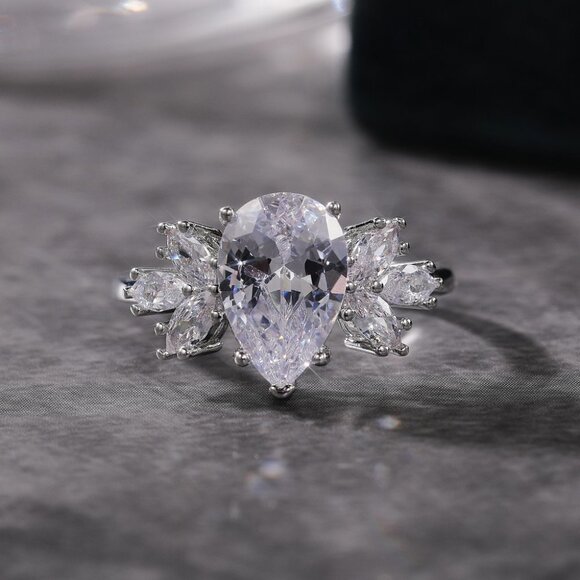 💍Beautiful Water Drop With Leaf Crystal Pure CZ Silver Pear Wedding Ring, K800 - Picture 6 of 7